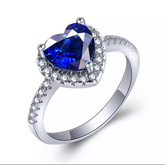 Silver Ring Bridal Blue Heart Cubic Zirconia Ring - Picture 2 of 5